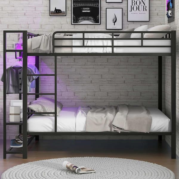 Black Full Over Full Bunk Bed with Storage Mesh Shelves and Clothes Hooks