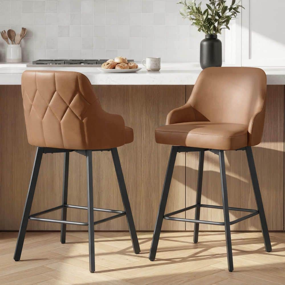 Fero 26.8 in. H Brown 360° Swivel 2 Armrests Metal Frame Bar Stool with Faux Leather Seat Set of 2, w/ Diamond Stitching price history on PriceWatchPro
