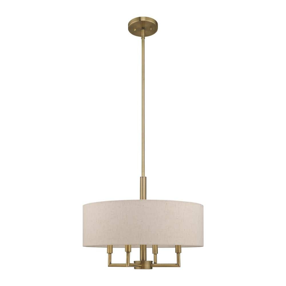 Antique Brass 4-Light Drum Chandelier with Oatmeal Shade