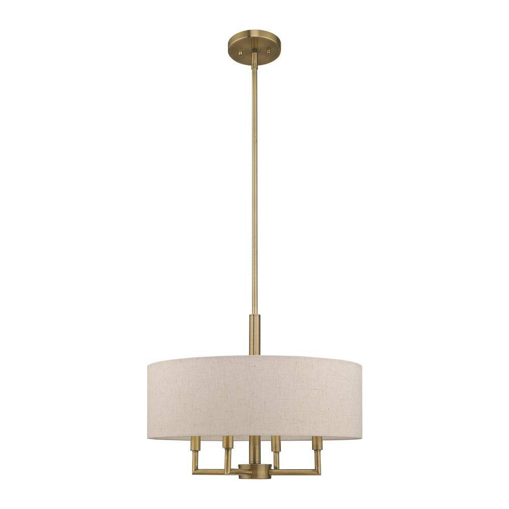 Antique Brass 4-Light Drum Chandelier with Oatmeal Shade