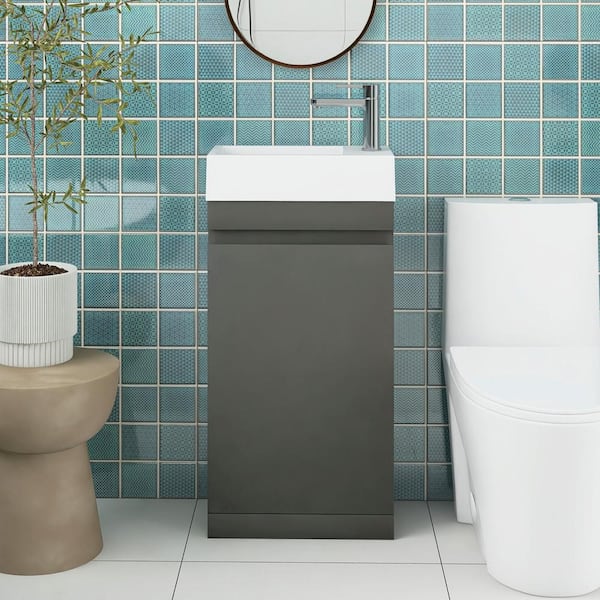 Staykiwi 18 in. W x 10.2 in. D x 36.6 in. H Single Sink Narrow Freestanding Bath Vanity in Gray with White Solid Surface Top
