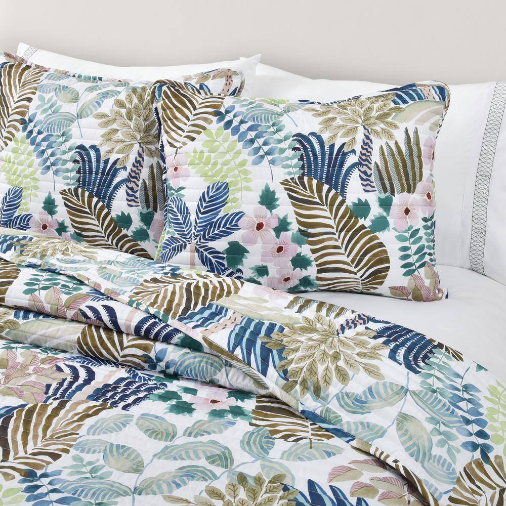 Blue Tropical Microfiber Queen Quilt Set with Shams