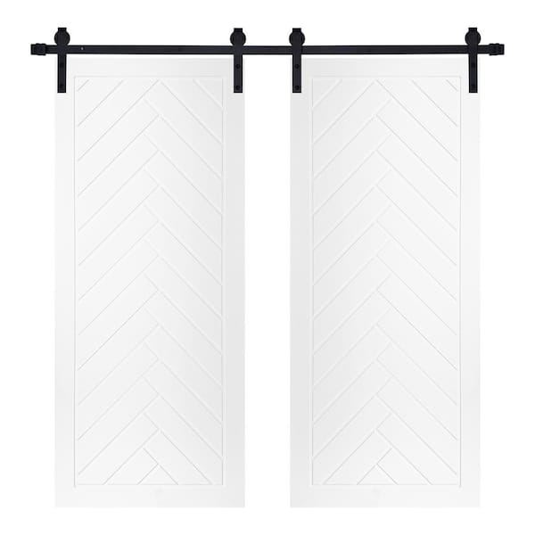 Double Modern Framed Herringbone Pattern 48 in. x 80 in. MDF Panel White Painted Sliding Barn Door with Hardware Kit
