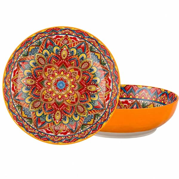 Large 10 in Ceramic Serving Bowls Set of 2 with 75 oz Capacity and Vibrant Orange Retro Design Bowls,10