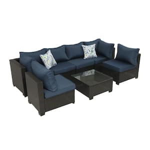 7-Piece Dark Brown Rattan Wicker Patio Conversation Set with Dark Blue Cushion and White Pillow