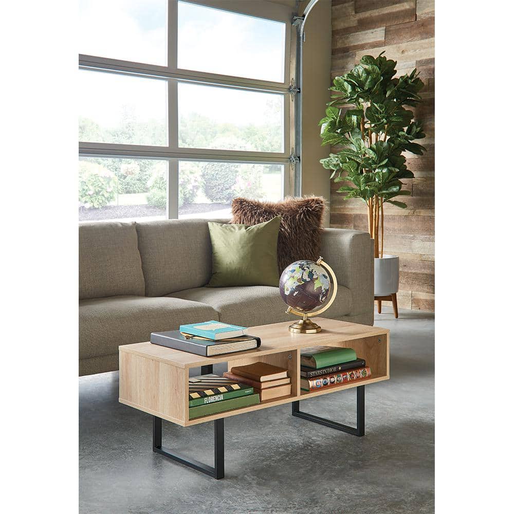 Natural MDF Rectangular Coffee Table with Black Metal Sled Base and Storage