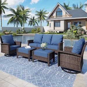 Black 5-Pieces Metal Patio Conversation Sectional Seating Set with Swivel Sofa Chairs, Ottoman and Blue Cushions