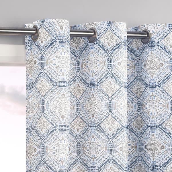 Lido Global Inspired Medallion Blue Semi-Sheer 48 in. W x 84 in. L Grommet Light Filtering Curtain (Single Panel)