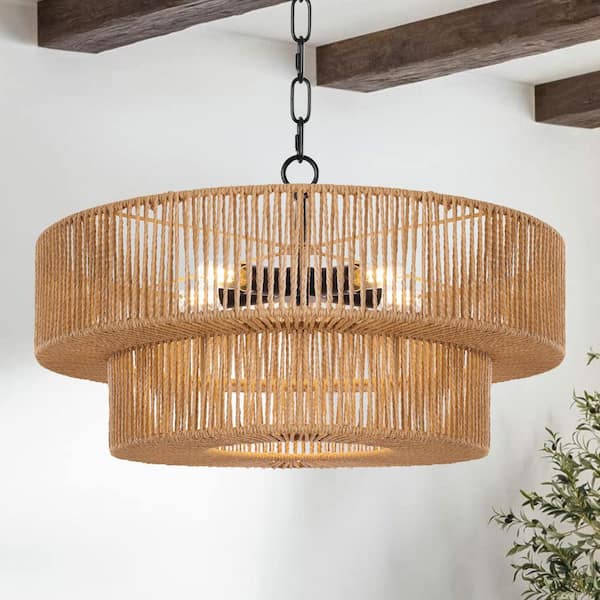 LamQee 22 in. 5-Light Brown Drum Chandelier with 2-tier Rattan Shade
