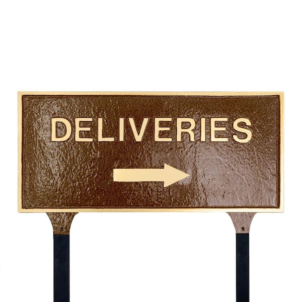 10" x 21" Deliveries with Right Arrow Large Rectangle Statement Plaque with Lawn Stakes - Hammered Bronze