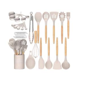 33-Piece Silicon Cooking Utensils Set with Wooden Handles and Holder for Non-Stick Cookware, Khaki