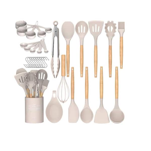 Aoibox 33-Piece Silicon Cooking Utensils Set with Wooden Handles and Holder  for Non-Stick Cookware, Khaki SNPH002IN477 - The Home Depot