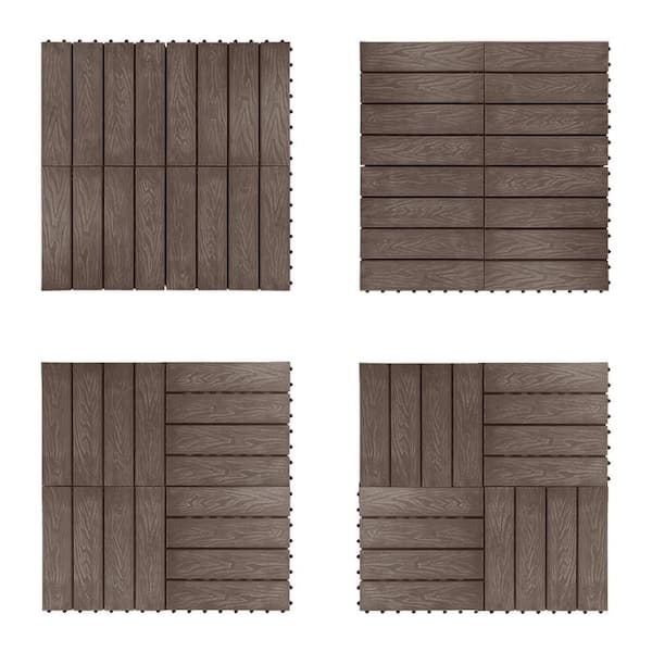 12 in. x 12 in. sq. Outdoor Square Teak Deck Tiles, 6-Piece Patio Interlocking Flooring Tiles, Brown