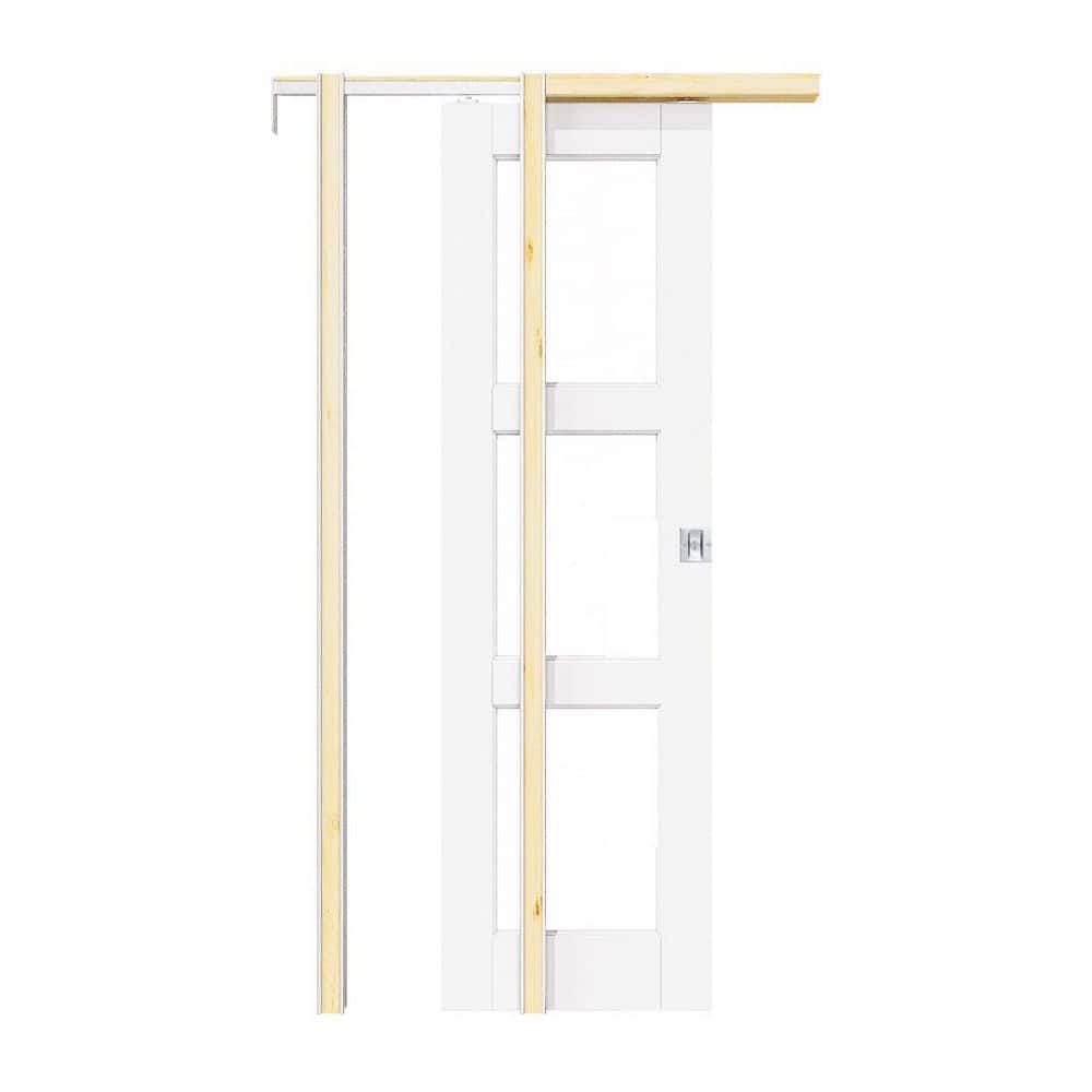 18 in. x 80 in. 3-Lite Clear Glass White Primed Wood Pocket Door with Frame and Hardware (Soft Close+Silver Lock Incl) price history on PriceWatchPro