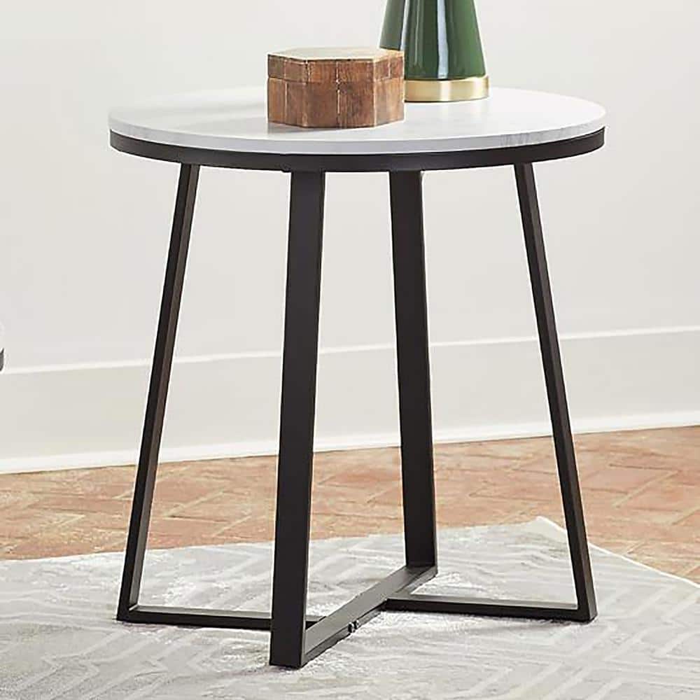 Hugo Round White Faux Marble and Black Metal End Table