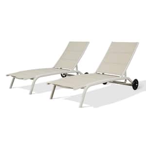 Beige 2-Piece Adjustable Aluminum Sling Outdoor Chaise Lounge with Wheels