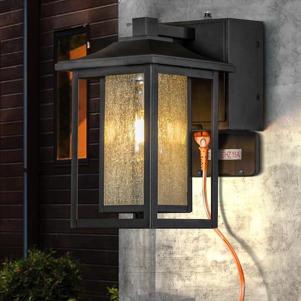 1 Light Matte Black Dusk to Dawn Sensor Outdoor Wall Lantern Sconces with Seeded Glass and Built-in GFCI Outlets