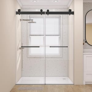 72 in. W x 79 in. H Frameless Anti-Jumping Double Sliding Glass Shower Door in Matte Black 3/8 in.Tempered Glass