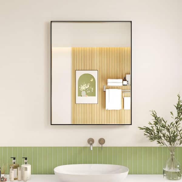 28 in. W x 36 in. H Black Aluminum Rectangular Framed Wall Bathroom Vanity Wall Mount Mirror