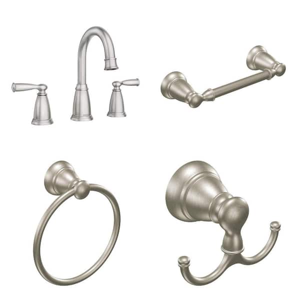 Banbury 8 in. Faucet, Toilet Paper Holder, Towel Ring and Robe Hook in Spot Resist Brushed Nickel Combo