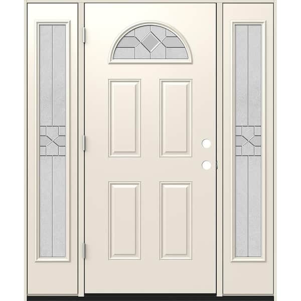 60 in. x 80 in. Right-Hand Fan Lite Caldwell Decorative Glass Primed Steel Prehung Front Door with Sidelites