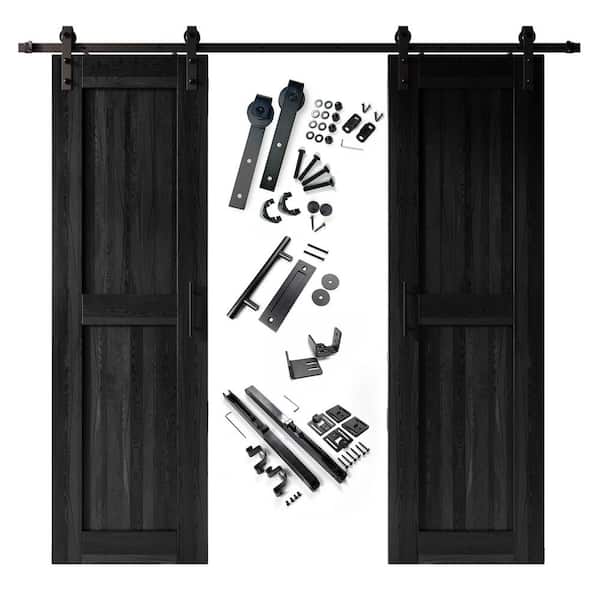 HOMACER 30 in. x 96 in. H-Frame Black Double Pine Wood Interior Sliding Barn Door with Hardware Kit, Non-Bypass