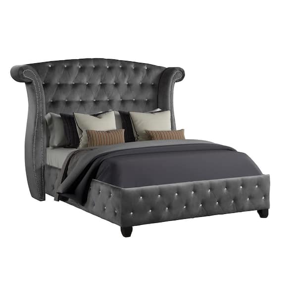 LUCKY ONE Lucky Start 85.50 in. W 4-Piece Gray Queen Size Velvet Upholstered Solid Manufactured Wood Platform Bed Frame Wingback
