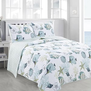 Multi-Colored Coastal & Fish Themed Twin Microfiber 2-Piece Quilt Set Bedspread