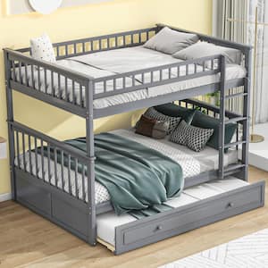 Detachable Style Gray Full Over Full Wood Bunk Bed with Twin Size Trundle, Convertible Beds