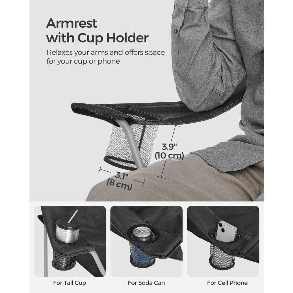 Set of 2 Black Folding Camping Chairs with Cup Holders