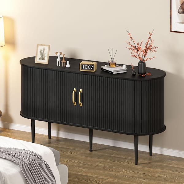 Black MDF 54.3 in. W Sideboard Storage Cabinet Buffet with Sliding Tambour Panel Doors