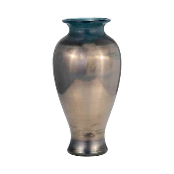12 in. Blue Glass Bud Glam Olpe Decorative Vase with Glossy Metallic