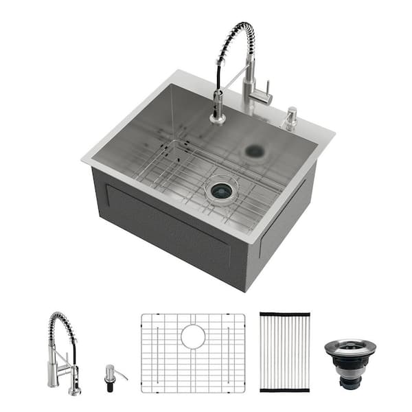 25 in. Drop-in/Topmount Single Bowl 16-Gauge Stainless Steel Utility Laundry Workstation Sink with Faucet