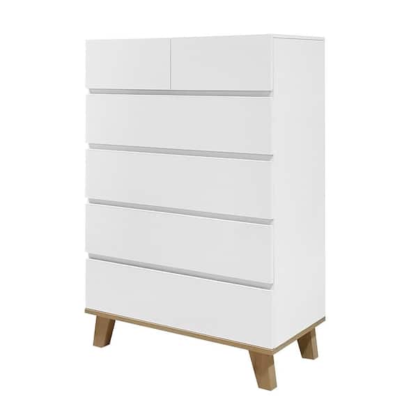 4+2 Drawer Dresser,Chest of Drawers,Handle-Free Storage Chest with Wood Legs,2 Small Drawers,Drawer Cabinet in White