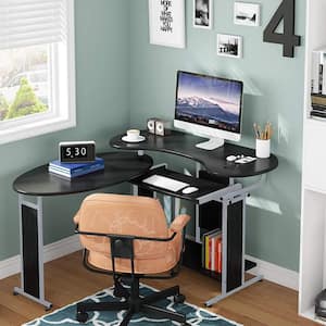 Lantz 50 in. L-Shaped Desk Black Engineered Wood Rotating Computer Desk with Shelf and Keyboard Tray