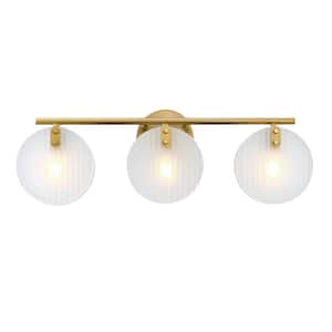 Sky Fall 25 in. 3-Light Brushed Gold Vanity Light with Etched Fluted Glass Shades for Bathrooms