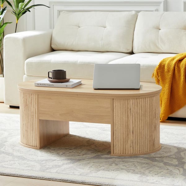 39.37-inch Natural oval MDF Coffee Table with Storage Space and Adjustable Countertop