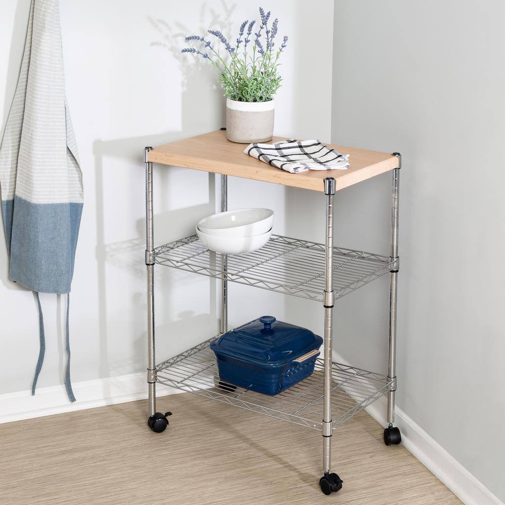 Chrome and Wood 3-Tier Kitchen Cart with Lockable Wheels