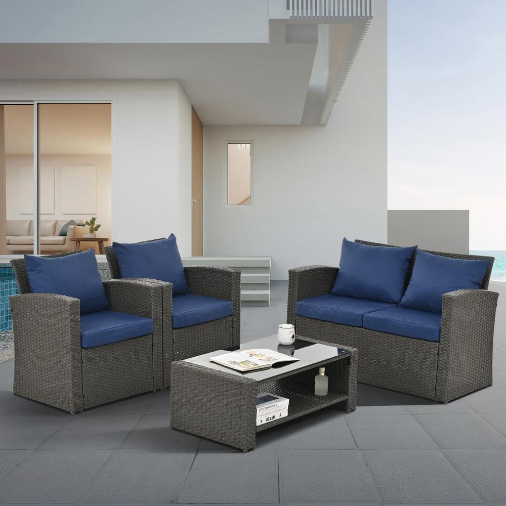 4-Piece Wicker Patio Conversation Set with Navy Blue Cushions and Coffee Ta