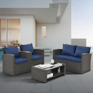4-Piece Wicker Patio Conversation Set with Navy Blue Cushions and Coffee Table Rattan Sectional All-Weather Outdoor Sofa