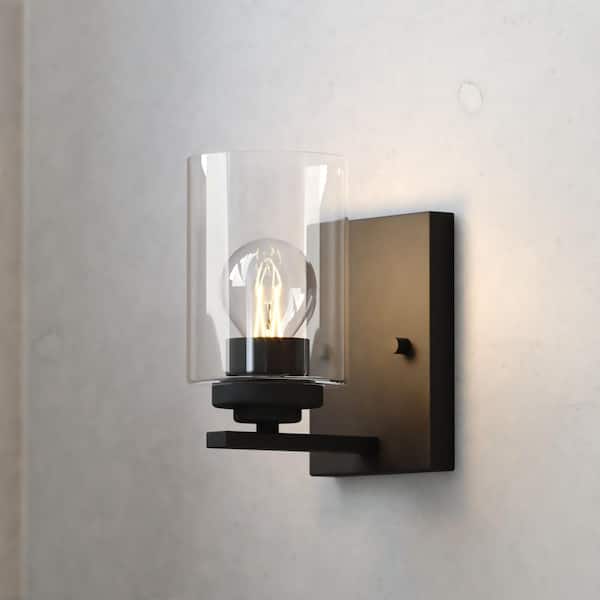 Park Ridge 4.75 in. 1-Light Matte Black Vanity Light with Clear Glass Shade, LED Compatible Bathroom Wall Sconce