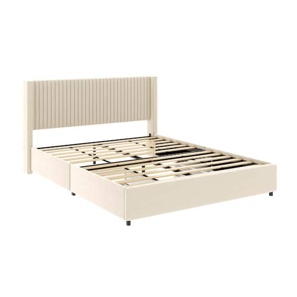 Noble House Anna Ivory Velvet Upholstered Metal Frame Wingback Queen Size Platform Bed with 2-Drawer