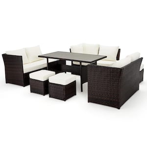 7-Piece All Weather Wicker Outdoor Sectional Set Patio Conversation Set with Beige Cushions, Ottomans for Garden, Lawn