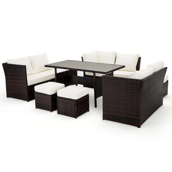 Unbranded 7-Piece All Weather Wicker Outdoor Sectional Set Patio Conversation Set with Beige Cushions, Ottomans for Garden, Lawn