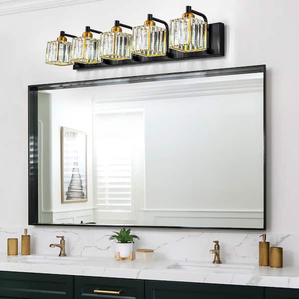 Orillia 33 in. 5-Light Black Gold Bathroom Vanity Light with Crystal Shades