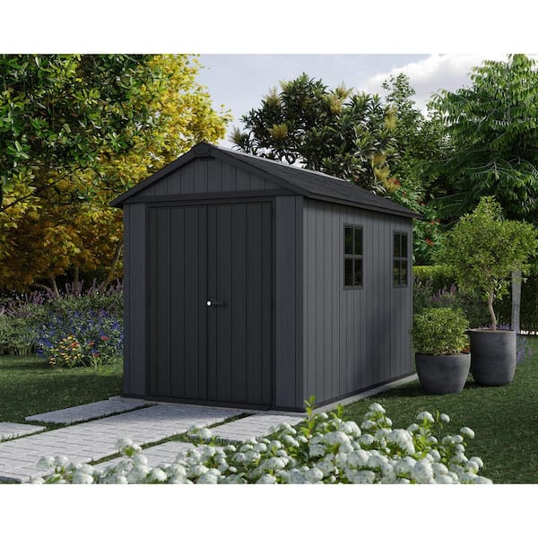 Newton Plus 7.5 ft. W x 9 ft. D Durable Resin Plastic Storage Shed with Floor Graphite 55 sq. ft.