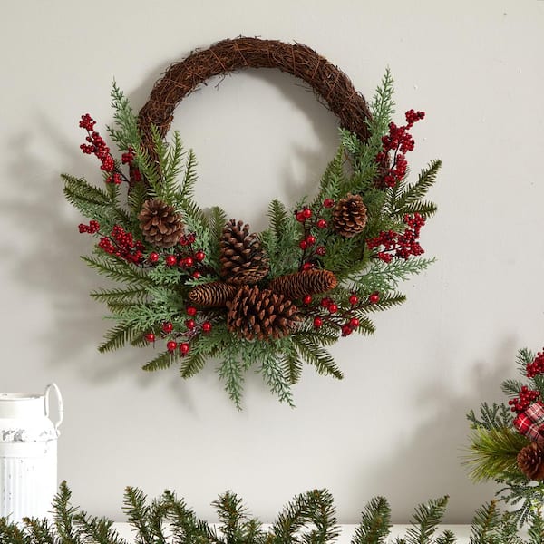 Nearly Natural 20 in. Cedar, Antlers, Lily & Ruscus with Berries Artificial  Wreath 