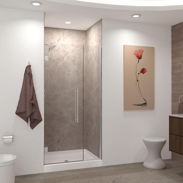 Transolid Elizabeth 39 in. W x 76 in. H Hinged Frameless Shower Door in Brushed Stainless with Clear Glass