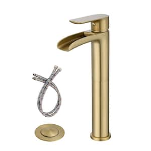 Single Handle Single Hole Bathroom Faucet with Drain Kit Included and Waterfall Spout in Brushed Gold