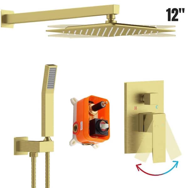 waterpar 1-Spray 12 in. Wall Mount Fixed and Handheld Shower Head 1.8 GPM in Brushed Gold